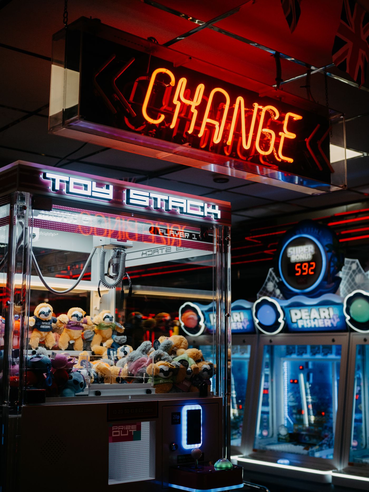 Arcade machines under neon lights